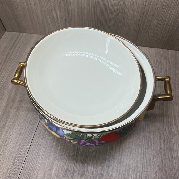 Cornucopia Enamel On Steel 3 Quart Covered Casserole Fruit Pattern Brass Handle - Picture 9 of 13